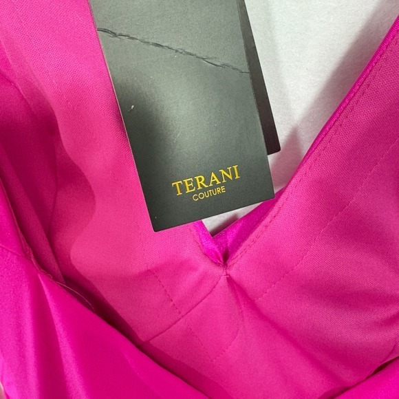 Terani Couture 231P0074 Fuchsia Pink Feather Trim Long Sleeve Gown Dress 6 - Picture 15 of 16